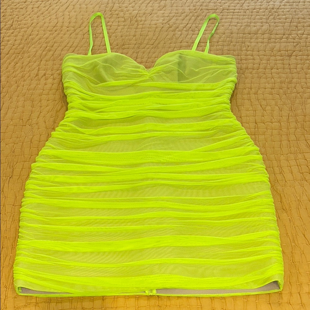 Neon Yellow Ruched Mini Dress - Picture 2 of 4